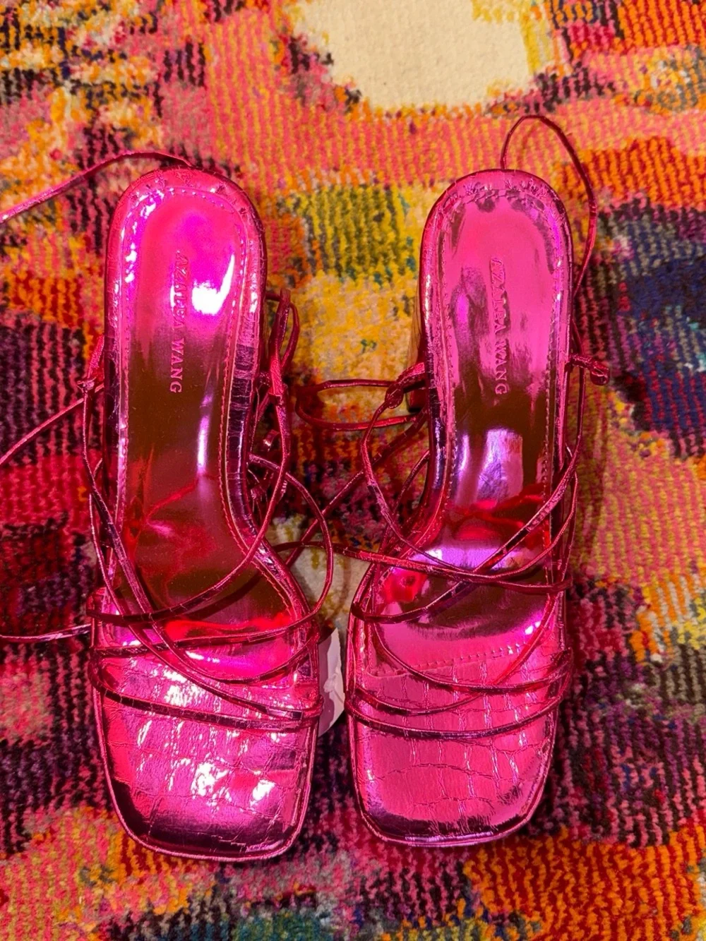 AZALEA WANG Metallic Fuchsia Lace-Up Heeled Sandals